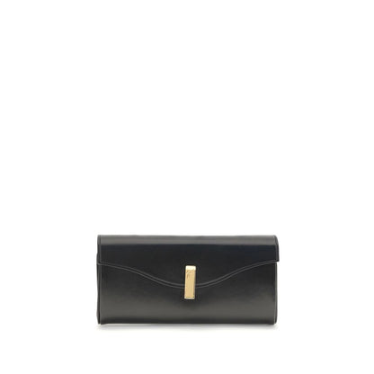 Giuseppe Zanotti Black Leather Clutch Bag with logoed metal closure and gold-tone chain strap, elegant and compact design.
