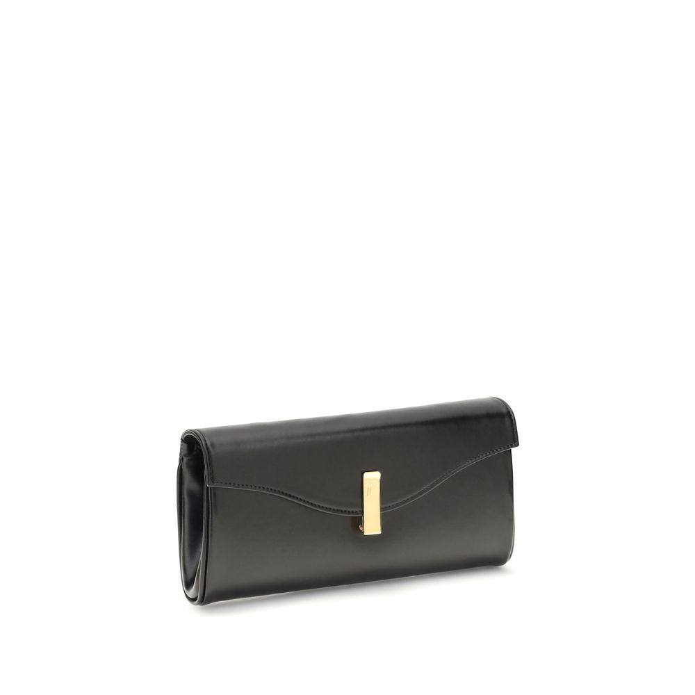 Giuseppe Zanotti Black Leather Clutch Bag with logoed metal closure and gold-tone chain shoulder strap for elegant style.