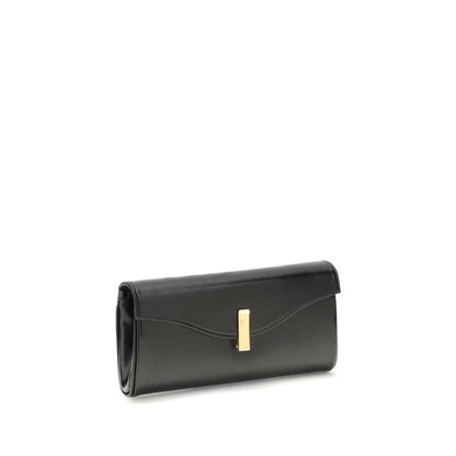 Giuseppe Zanotti Black Leather Clutch Bag with logoed metal closure and gold-tone chain shoulder strap for elegant style.