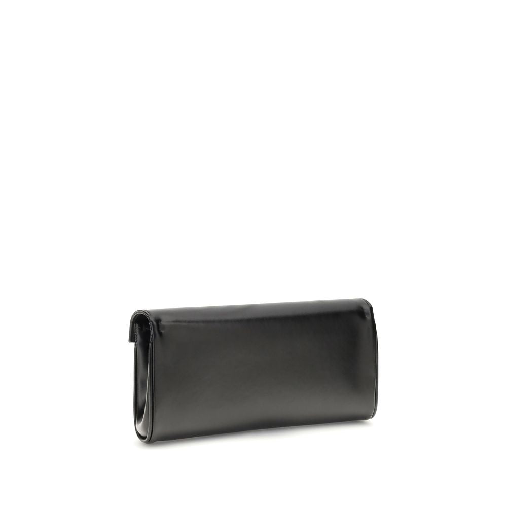 Giuseppe Zanotti Black Leather Clutch Bag with gold-tone chain and logoed metal closure, perfect for stylish and elegant looks.