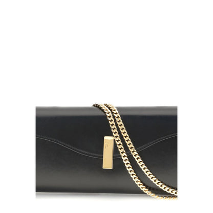 Giuseppe Zanotti Black Leather Clutch Bag with gold-tone chain and logoed metal closure.