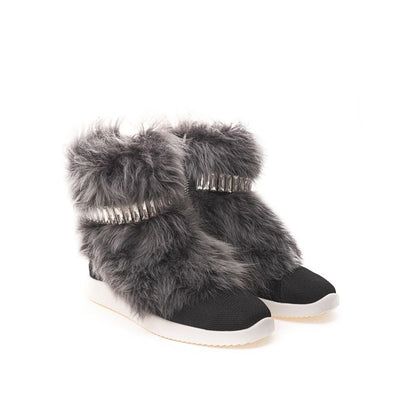 Giuseppe Zanotti Black Neoprene Chunky Sneakers with faux fur and crystal details, featuring a white rubber sole and side zipper.
