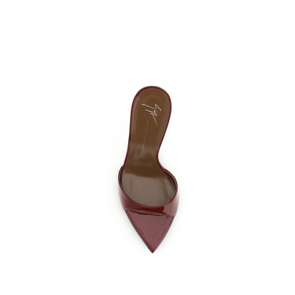 Giuseppe Zanotti Bordeaux Leather Stiletto Heel Sandals with pointed open-toe design on white background, top view.