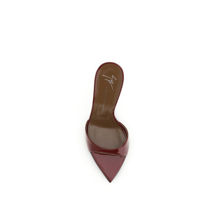 Giuseppe Zanotti Bordeaux Leather Stiletto Heel Sandals with pointed open-toe design on white background, top view.