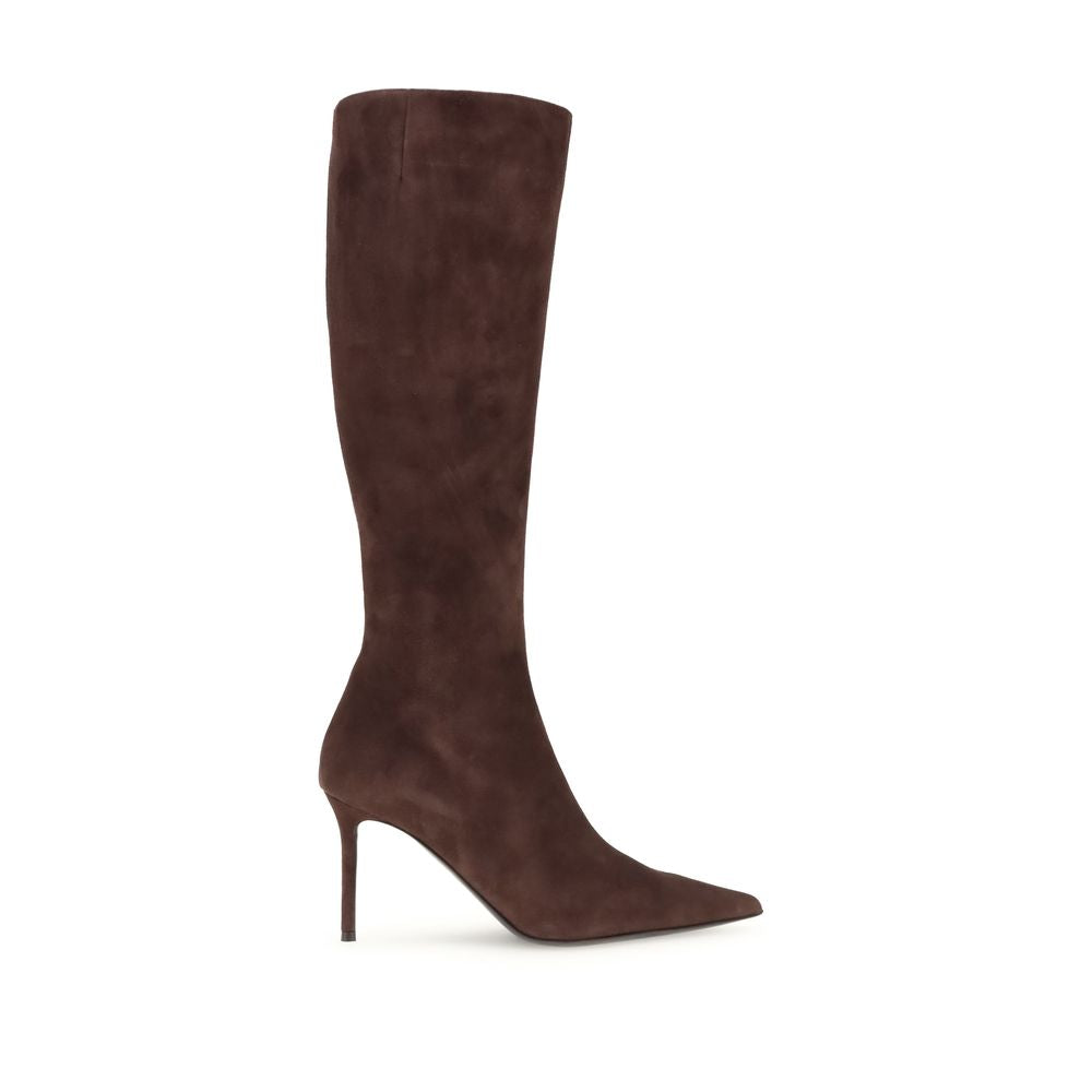 Giuseppe Zanotti Brown Leather High Heel Boots with stiletto heel, almond toe, and knee-high design, made of suede leather.