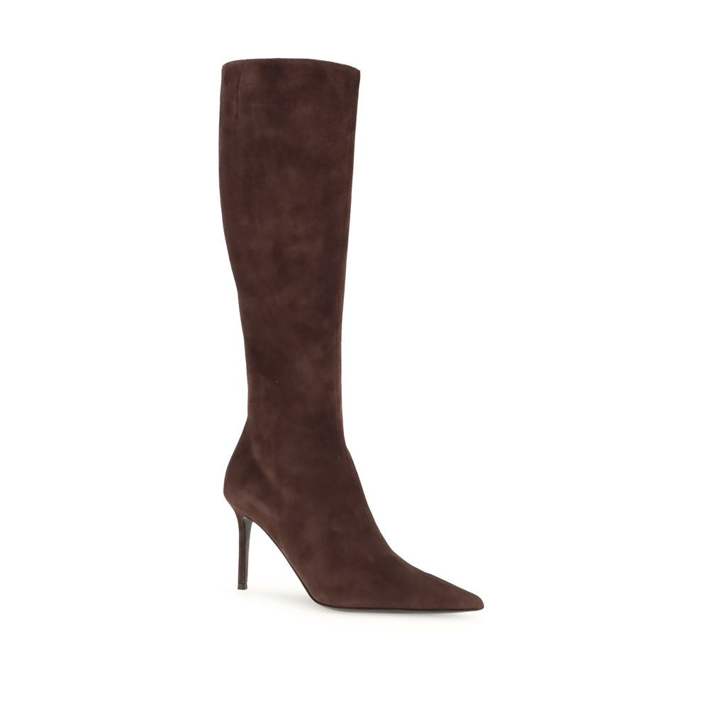 Giuseppe Zanotti Brown Leather High Heel Boots, elegant knee-high suede with stiletto heel, almond toe, back zipper, made in Italy.