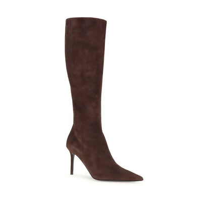 Giuseppe Zanotti Brown Leather High Heel Boots, elegant knee-high suede with stiletto heel, almond toe, back zipper, made in Italy.
