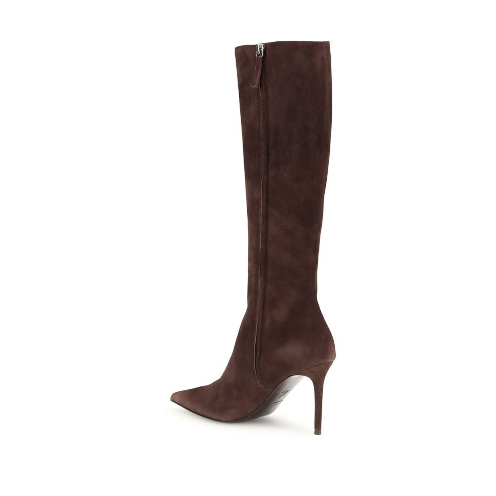 Giuseppe Zanotti Brown Leather High Heel Boots with suede finish, stiletto heel, almond toe, and knee-high design for bold looks.