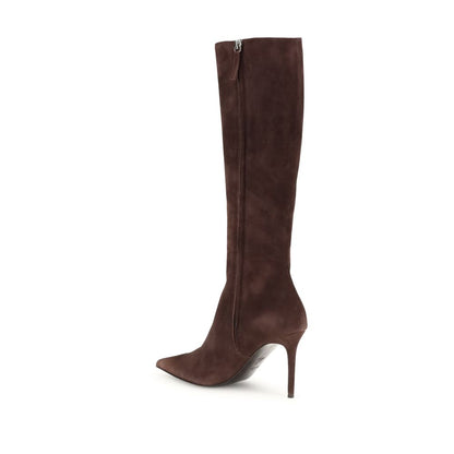 Giuseppe Zanotti Brown Leather High Heel Boots with suede finish, stiletto heel, almond toe, and knee-high design for bold looks.