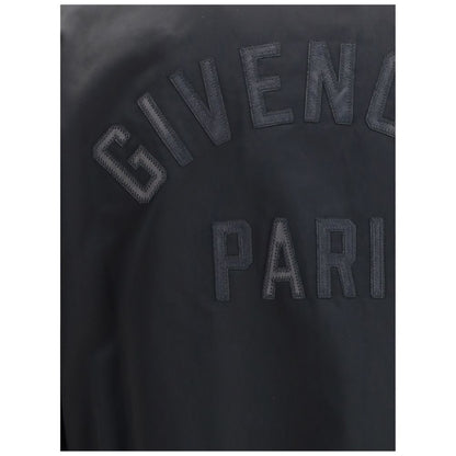 GIVENCHY Paris logo detail on back of Givenchy Black Cotton Bomber, featuring satin and leather materials for a stylish look.
