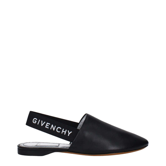 Givenchy Black Leather Mules with side logo and round toe, featuring low flat heel. Style: Casual, MPN: BE2003E00H008.