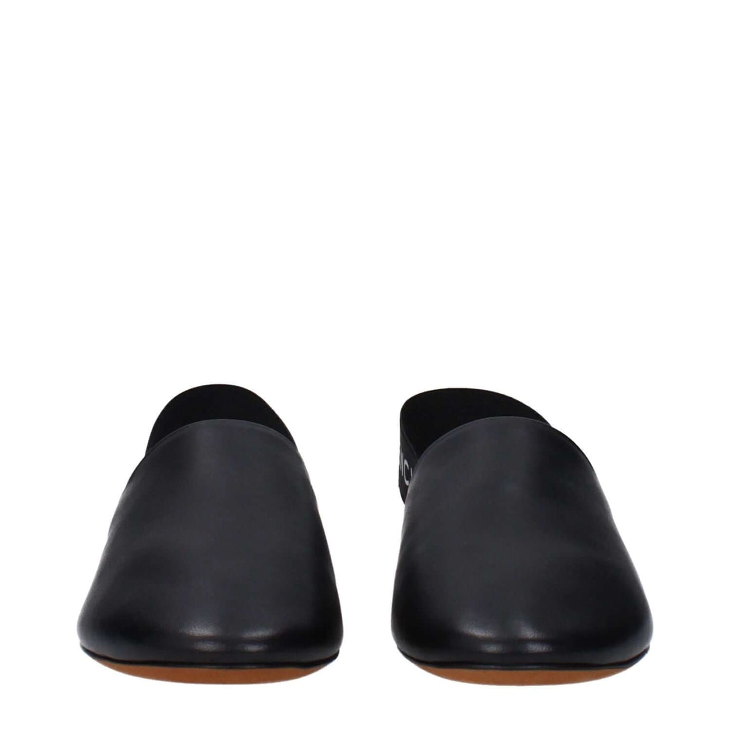 Givenchy Black Leather Mules with round toe and low flat heel, featuring side and back logo, made entirely of leather, casual style.