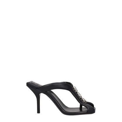 Givenchy Black Leather Stiletto Heel Sandals with silver front logo, open toe, high heel, casual style.