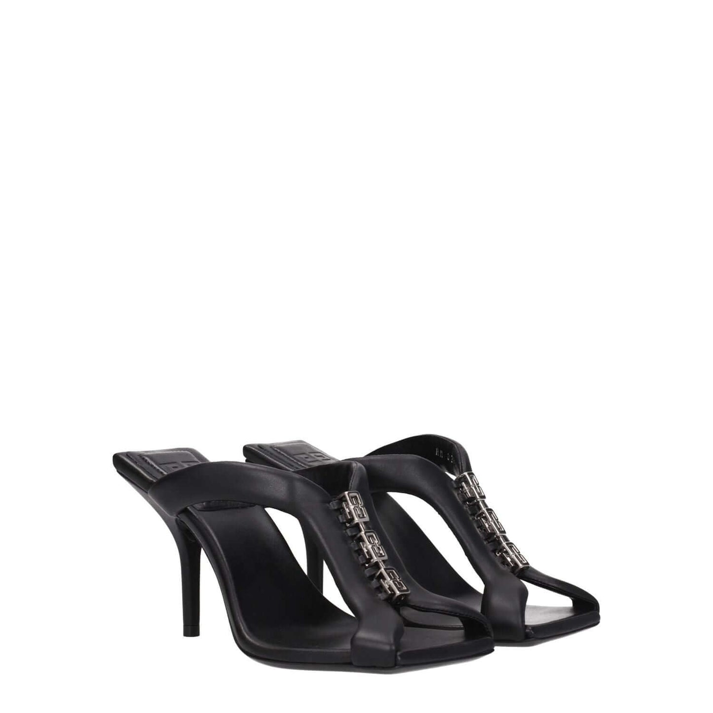 Givenchy Black Leather Stiletto Heel Sandals with silver details, open toe, high heel, and front logo design, casual style.