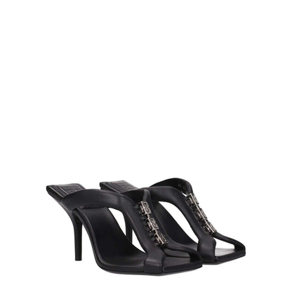 Givenchy Black Leather Stiletto Heel Sandals with silver details, open toe, high heel, and front logo design, casual style.