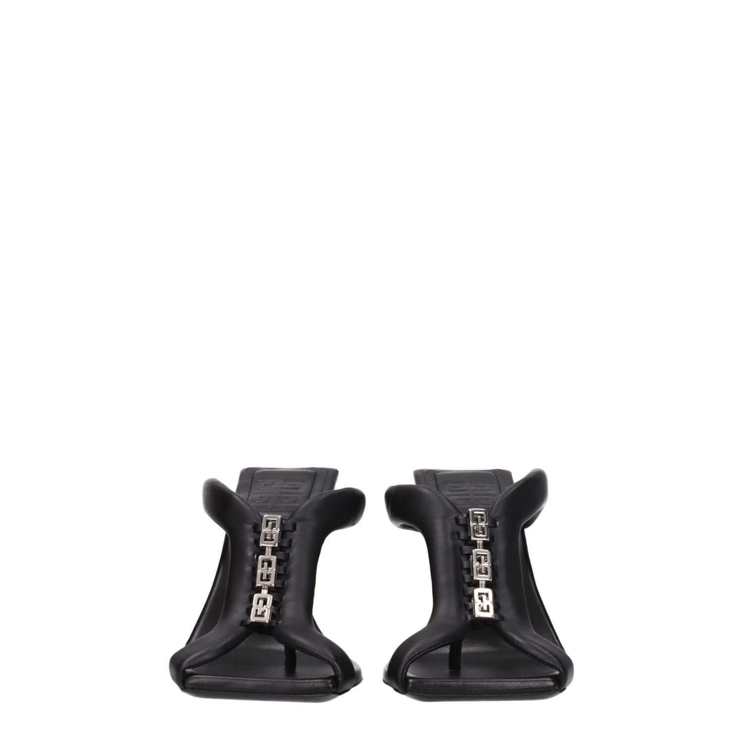 Front view of Givenchy Black Leather Stiletto Heel Sandals with silver logo and high heel, open toe design. MPN: BE3077E1LE001.