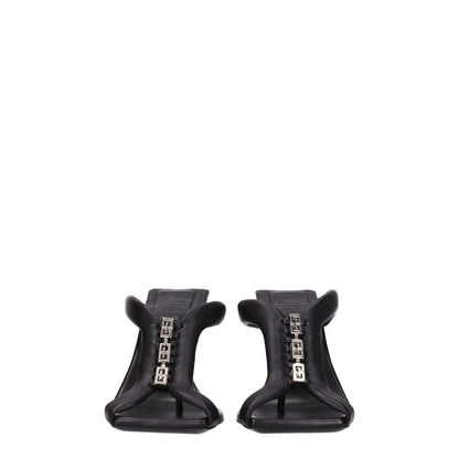 Front view of Givenchy Black Leather Stiletto Heel Sandals with silver logo and high heel, open toe design. MPN: BE3077E1LE001.