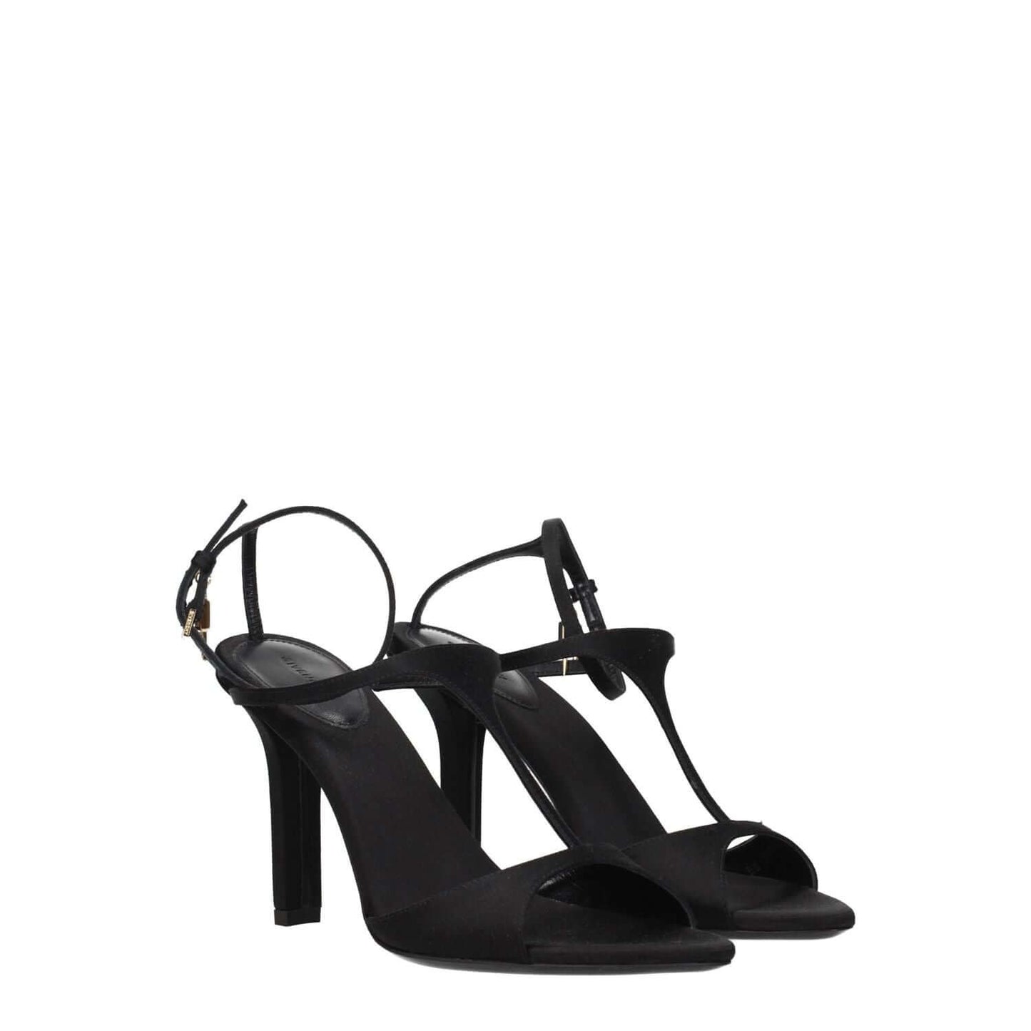 Givenchy Black Satin Stiletto Heel Sandals with gold details and buckle closure, open toe, high heel, leather sole, stylish design.