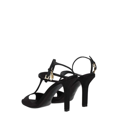 Givenchy Black Satin Stiletto Heel Sandals with gold side logo, buckle closure, and leather sole, 9.5 cm high heel, open toe design.