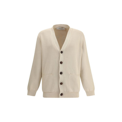 Golden Goose Cream Cotton Cardigan with front buttons and patch pockets, AW25 collection, sustainable fashion with ribbed cuffs and hem.