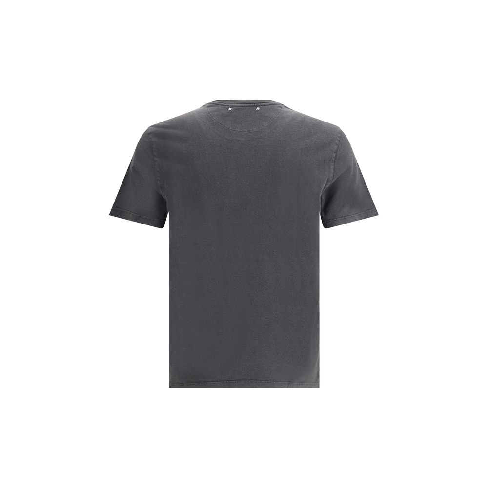 Golden Goose Gray Cotton T-Shirt with vintage ribbed crew neck and embroidered patch on monochrome design, back view.
