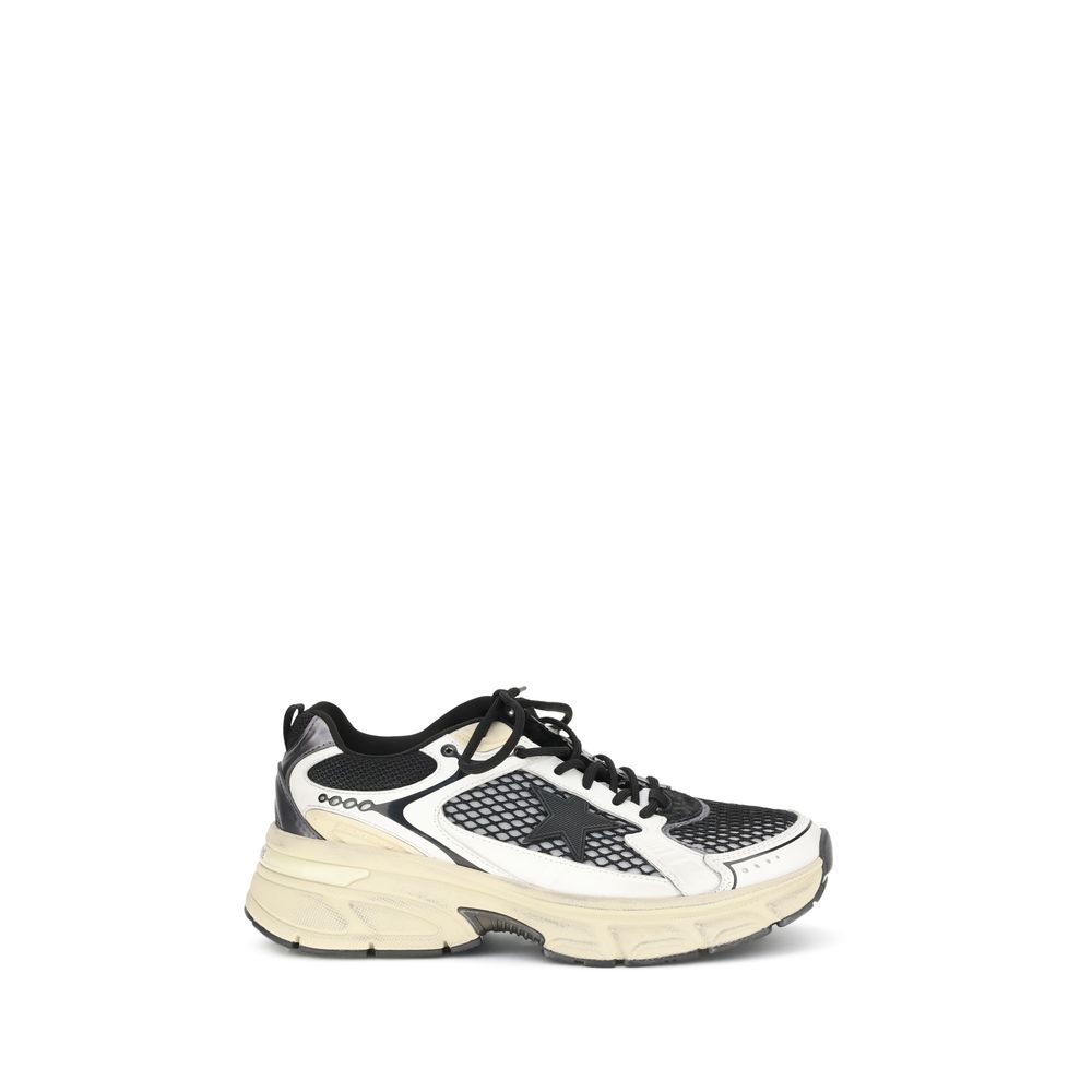 Golden Goose Multicolor Polyester Athletic Sneakers with taupe leather, TPU star, and rose gold heel on a white background.