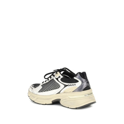 Golden Goose Multicolor Polyester Athletic Sneakers with taupe leather, mesh upper and rose gold heel, side view.