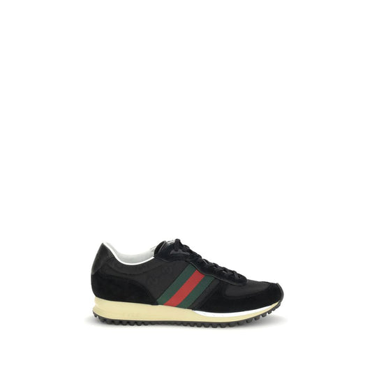 Gucci Black Polyamide Athletic Sneakers with green and red Web stripe, GG details, and rubber sole featuring Interlocking GG logo.