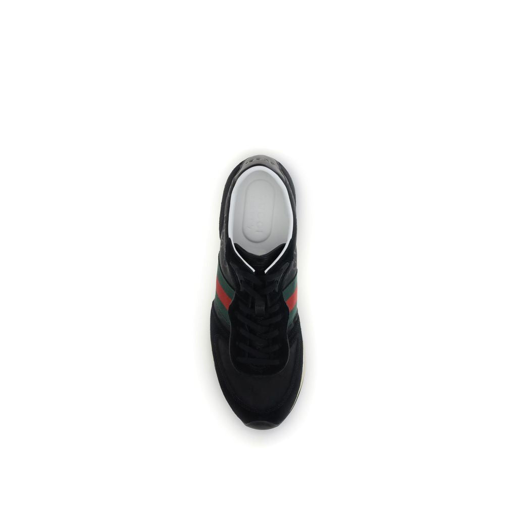 Gucci Black Polyamide Athletic Sneakers with green and red Web stripe top view