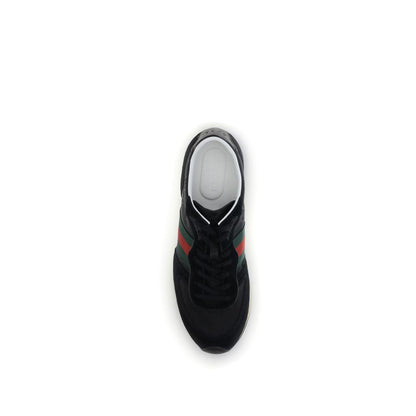 Gucci Black Polyamide Athletic Sneakers with green and red Web stripe top view