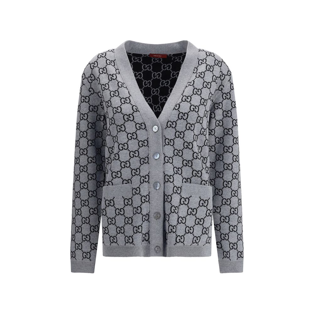 Gucci Black Wool Cardigan with GG Supreme pattern, V-neck and front pockets, perfect for smart or casual looks.