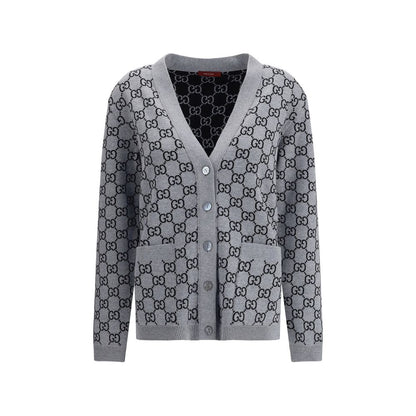 Gucci Black Wool Cardigan with GG Supreme pattern, V-neck and front pockets, perfect for smart or casual looks.