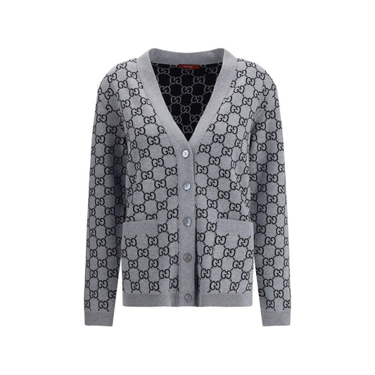 Gucci Black Wool Cardigan with GG Supreme pattern, V-neck and front pockets, perfect for smart or casual looks.