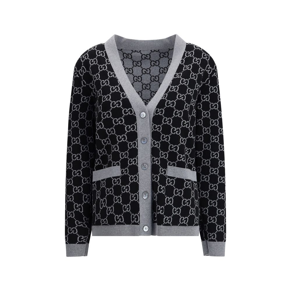 Gucci Black Wool Cardigan with GG Supreme pattern, V-neckline, long sleeves, and front pockets, perfect for smart or casual looks.