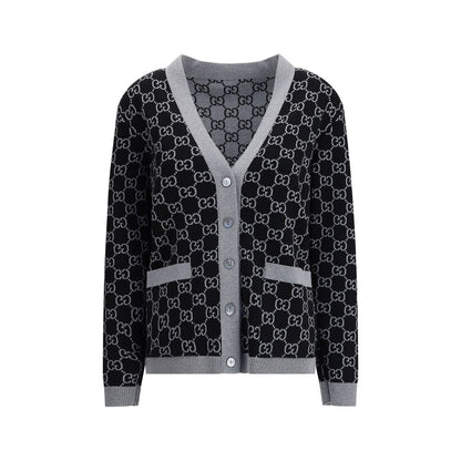 Gucci Black Wool Cardigan with GG Supreme pattern, V-neckline, long sleeves, and front pockets, perfect for smart or casual looks.