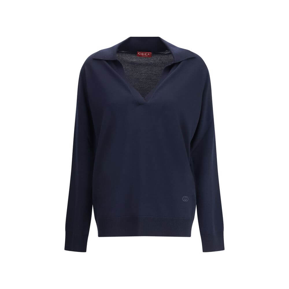 Gucci Blue Wool Sweatshirt with a classic collar, deep V-neckline, and embroidered logo for a casual-chic look.
