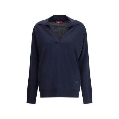 Gucci Blue Wool Sweatshirt with a classic collar, deep V-neckline, and embroidered logo for a casual-chic look.