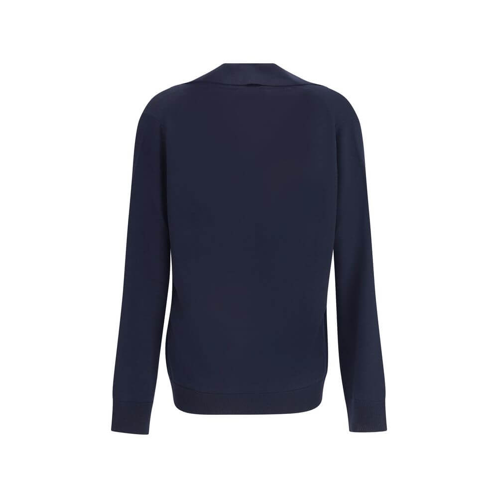 Back view of Gucci Blue Wool Sweatshirt showcasing its elegant design, long sleeves, and ribbed cuffs and hem. Perfect for AW25 season.