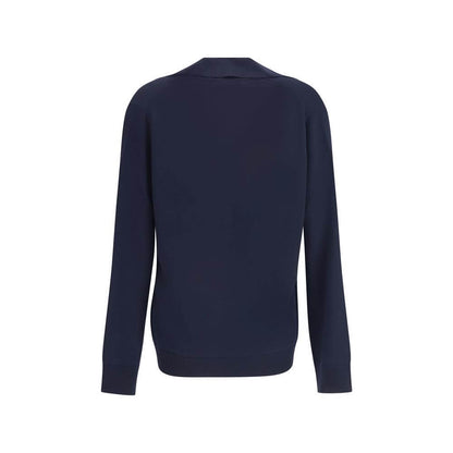 Back view of Gucci Blue Wool Sweatshirt showcasing its elegant design, long sleeves, and ribbed cuffs and hem. Perfect for AW25 season.