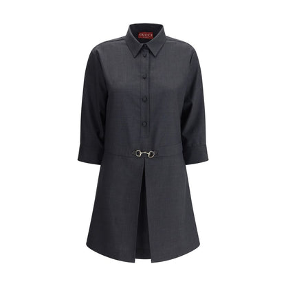 Gucci Gray Wool Casual Dress with front buttons, classic collar, and horsebit detail for an elegant look.