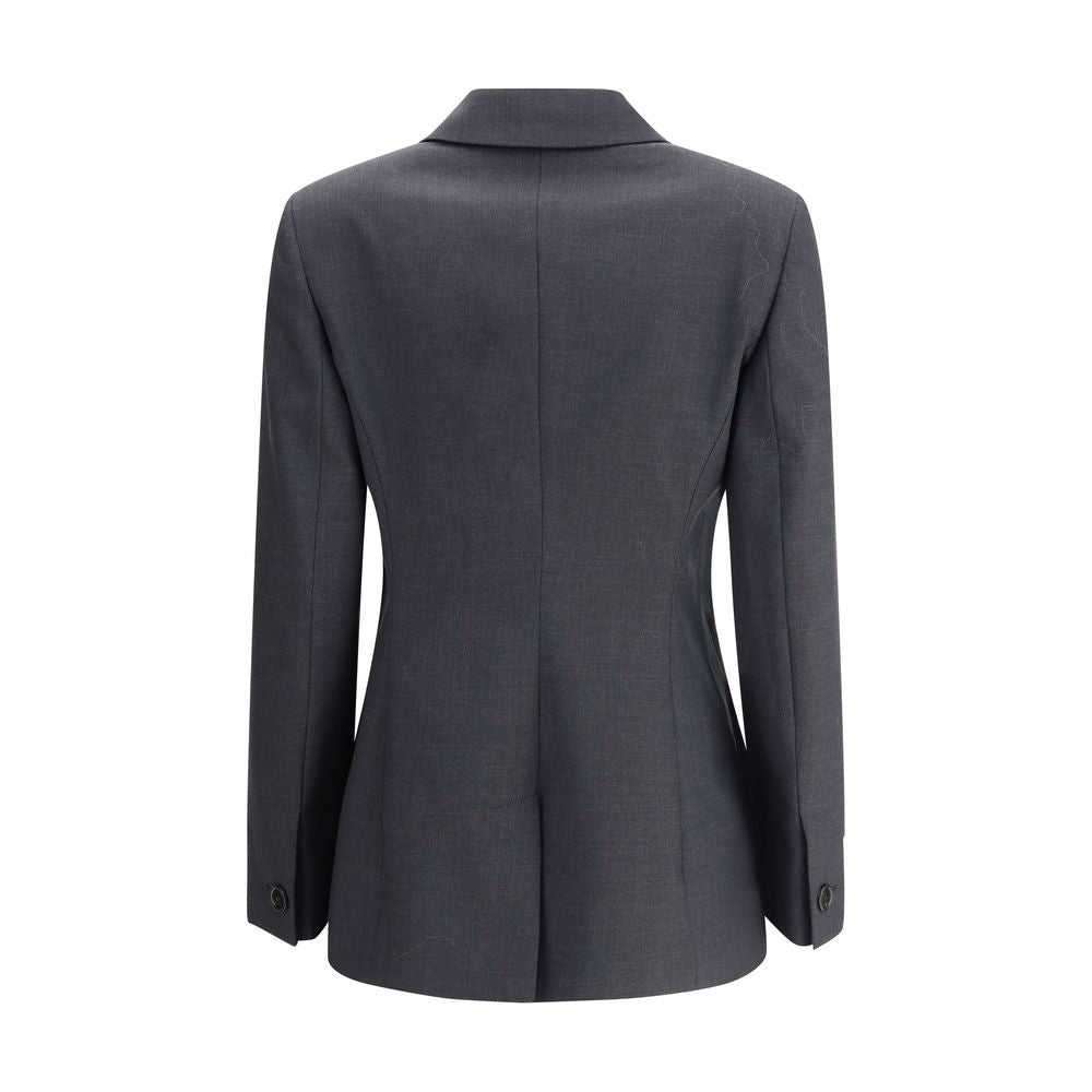 Back view of Gucci Gray Wool Clothing blazer with double-breasted design and spear lapels, highlighting classic and bold style.