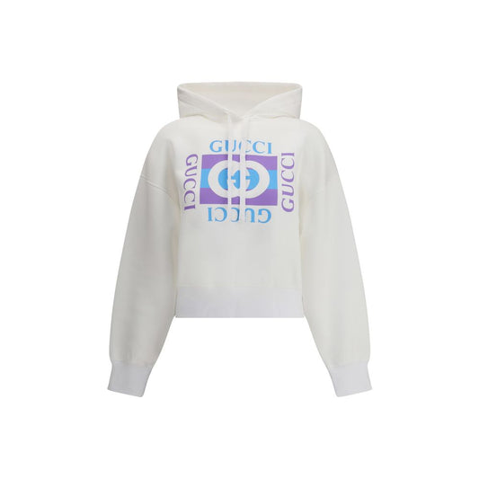 Gucci White Cotton Sweatshirt with vintage logo print, fixed hood, drawstring, in lightweight cotton jersey for stylish everyday wear.