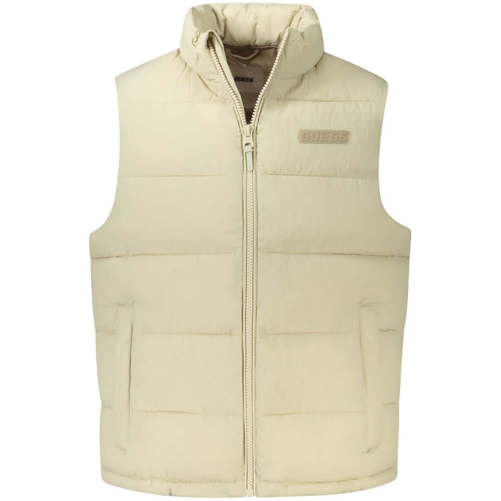 Guess Jeans Beige Polyamide Men Jacket with sleeveless design, water-resistant fabric, and logo for stylish and practical outerwear.