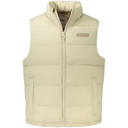 Guess Jeans Beige Polyamide Men Jacket with sleeveless design, water-resistant fabric, and logo for stylish and practical outerwear.