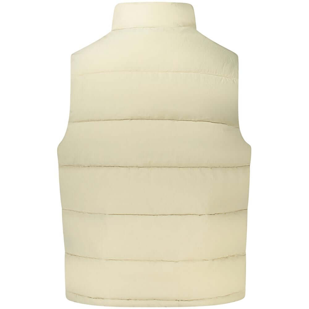 Back view of Guess Jeans Beige Polyamide Men Jacket, highlighting the sleek, sleeveless design and durable, water-resistant fabric.