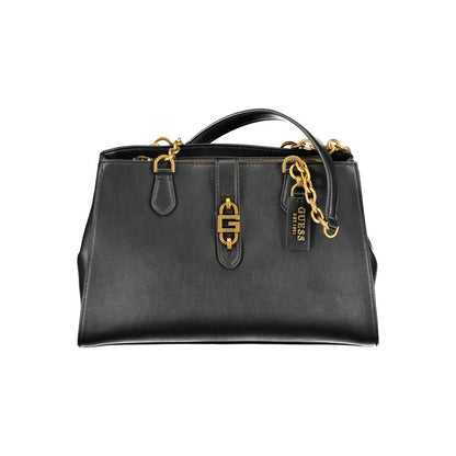 Guess Jeans Black Polyethylene Women Handbag with gold accents and dual handles, featuring a chic design and practical compartments.