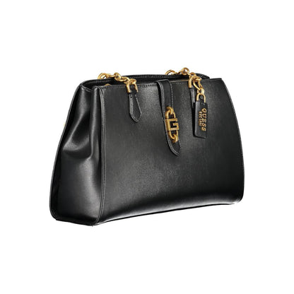 Guess Jeans Black Polyethylene Women Handbag with gold accents and dual handles.