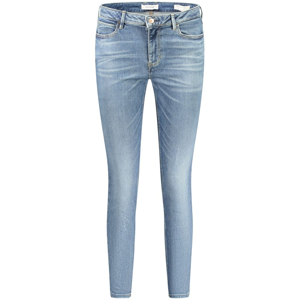 Alt Tag: Guess Jeans Blue Recycled Cotton Women Jeans with a trendy washed effect and classic five-pocket design.