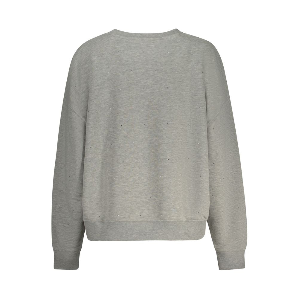 Back view of Guess Jeans Gray Cotton Women Sweater with crew neck and long sleeves, showcasing luxurious comfort and subtle rhinestone details.
