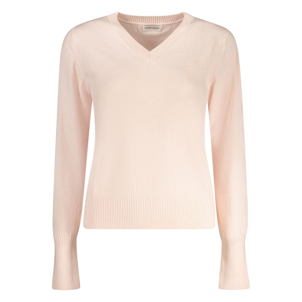 Guess Jeans Pink Polyester Women Sweater with V-neck and long sleeves, featuring iconic Guess embroidery logo for stylish comfort.